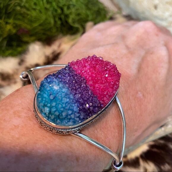 Titanium Druzy Gemstone Sterling Silver Cuff Boho Bracelet - Picture 4 of 7